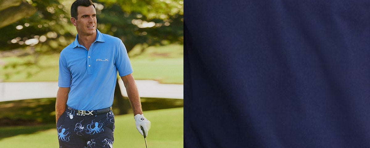 Billy Horschel in blue RLX Golf Polo & octopus-print navy shorts