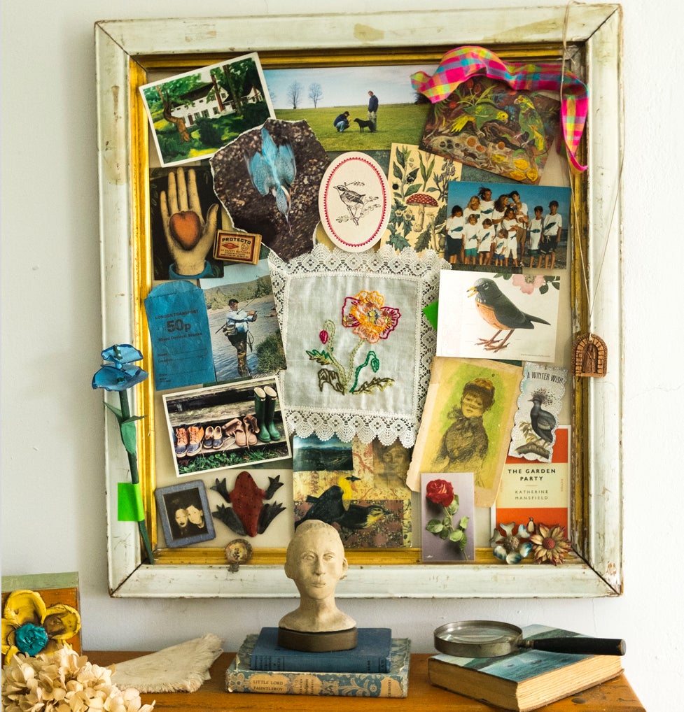 Create a romantic collage in a vintage frame and hang it in whatever room the theme suggests—a cook’s collage in the kitchen, a gardener’s collage in a garden shed, a children’s artwork collage in their bedroom