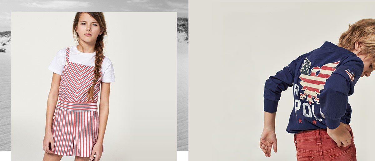 Girl and boy wear Americana-inspired summer outfits.