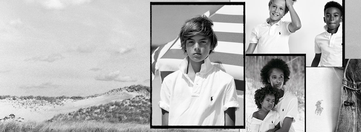 Collage of black-and-white images of kids in Polo shirts.