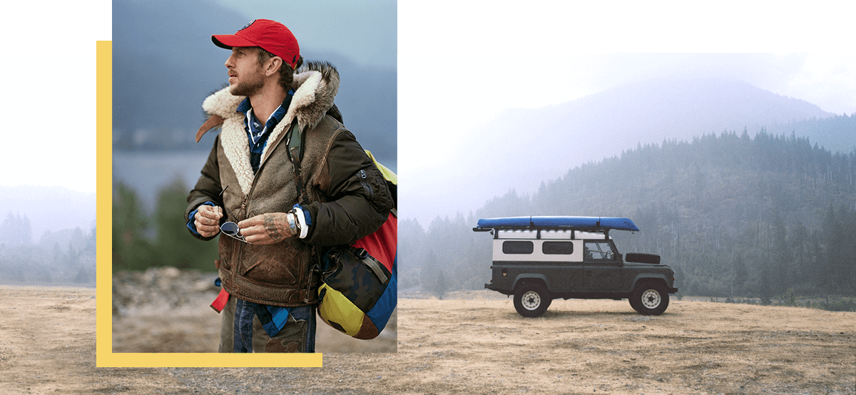 Man hiking in hybrid bomber jacket teamed with plaid shirt & camo pants
