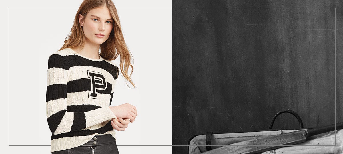Model in striped black & white sweater with large P patch