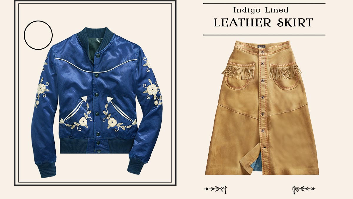 Blue satin jacket fringe leather skirt & red Western shirt