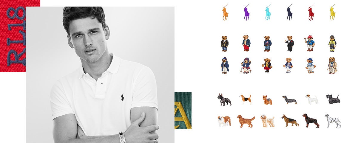 Man in white custom Polo shirt; Rows of Polo Pony, Polo Bear, and
