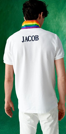 Jacob Bixenman in white Polo shirt with rainbow-stripe collar