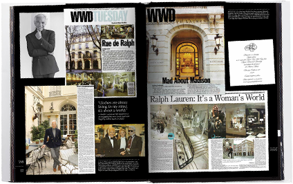 Cover and inside spread from the book WWD: Fifty Years of Ralph Lauren
