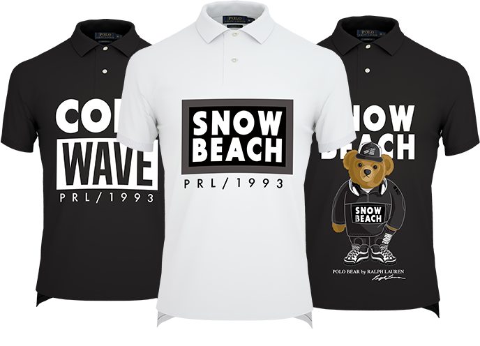 Black, white and navy polos with snow beach customizations