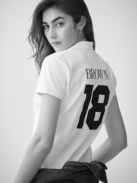 Woman in white custom Polo shirt