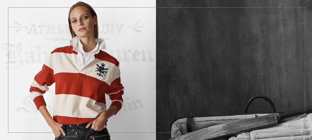 Woman in red-and-white striped rugby shirt with \u0027PRL\u0027 monogram. POLO RALPH  LAUREN