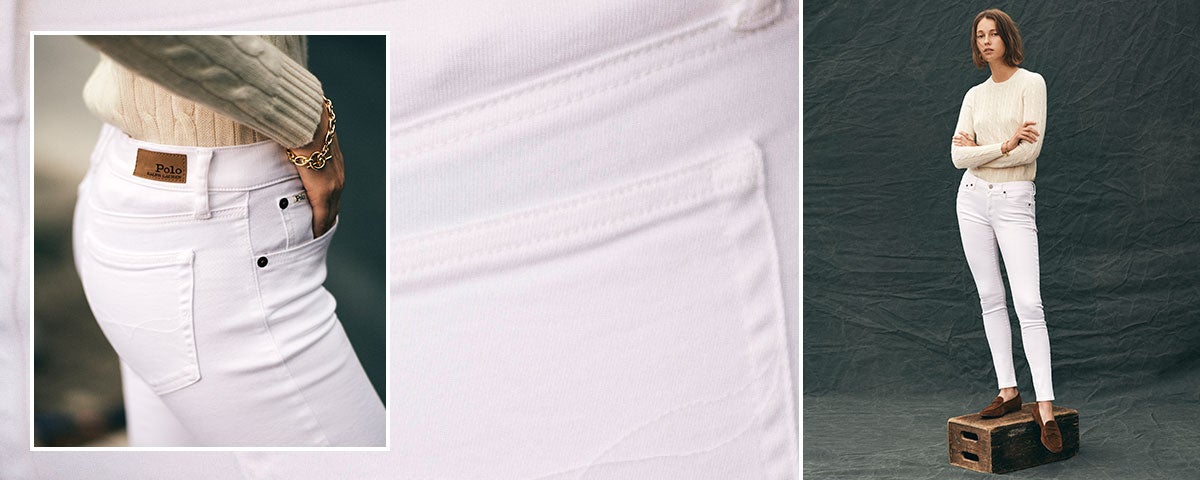 Close-up of Tompkins Skinny jean; woman wears Polo denim.