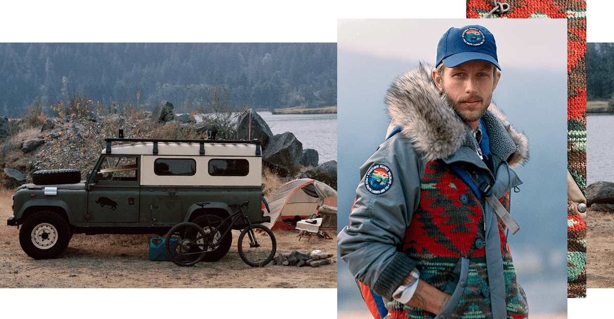 Photograph of jeep next to image of man in multi jacket