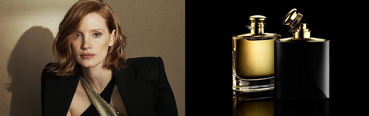Photograph of Jessica Chastain & bottles of intense fragrance