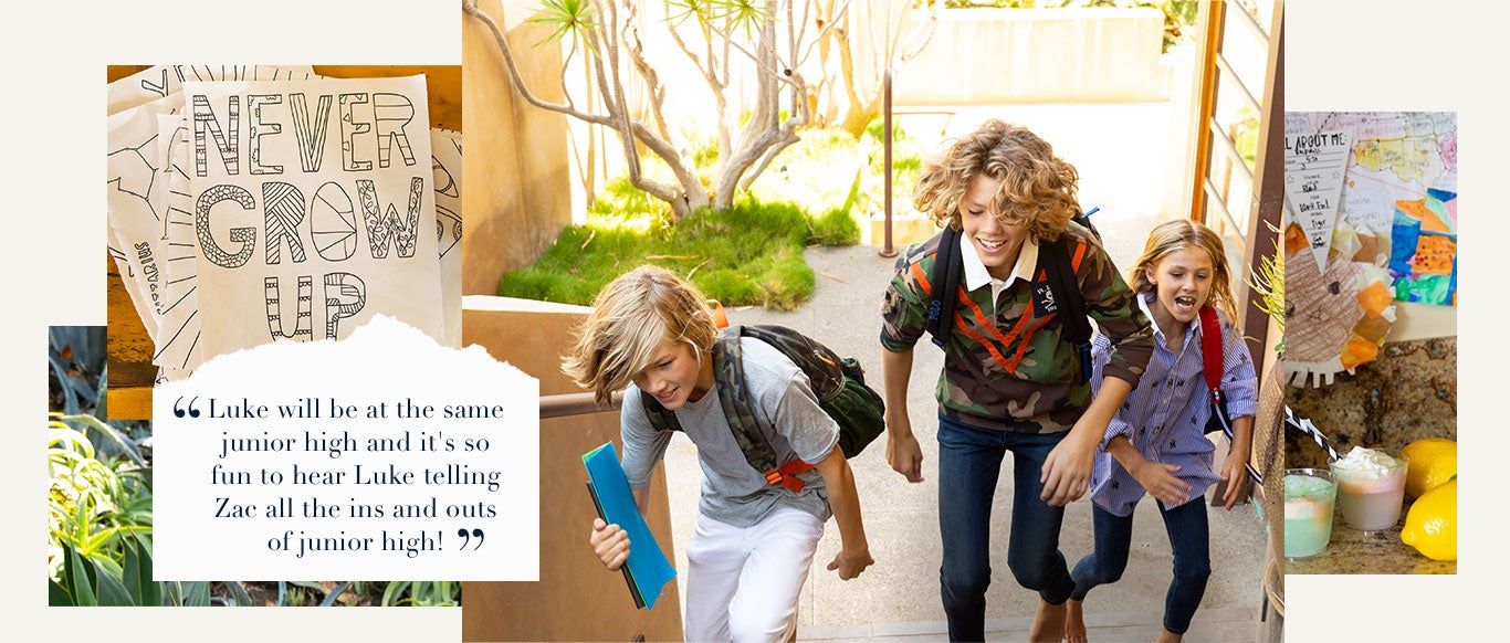Smith family kids walk up school stairs wearing backpacks.