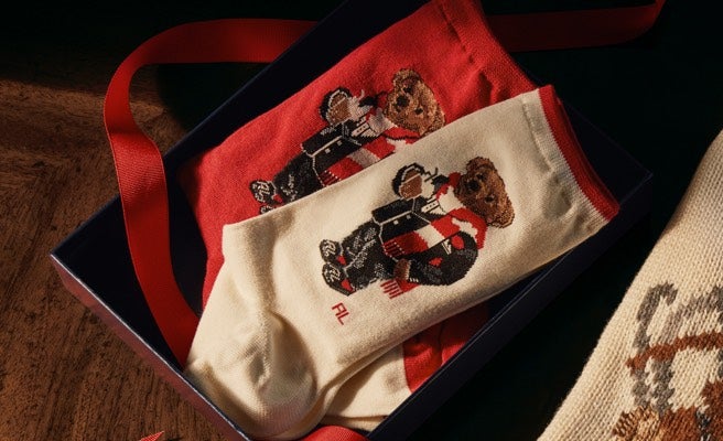 Red & white socks featuring Polo Bear motifs