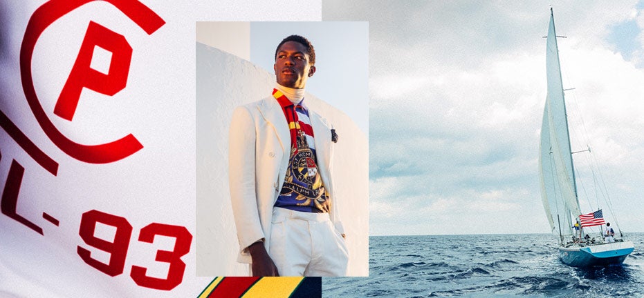 Man in nautical inspired shirt next to image of sailboat