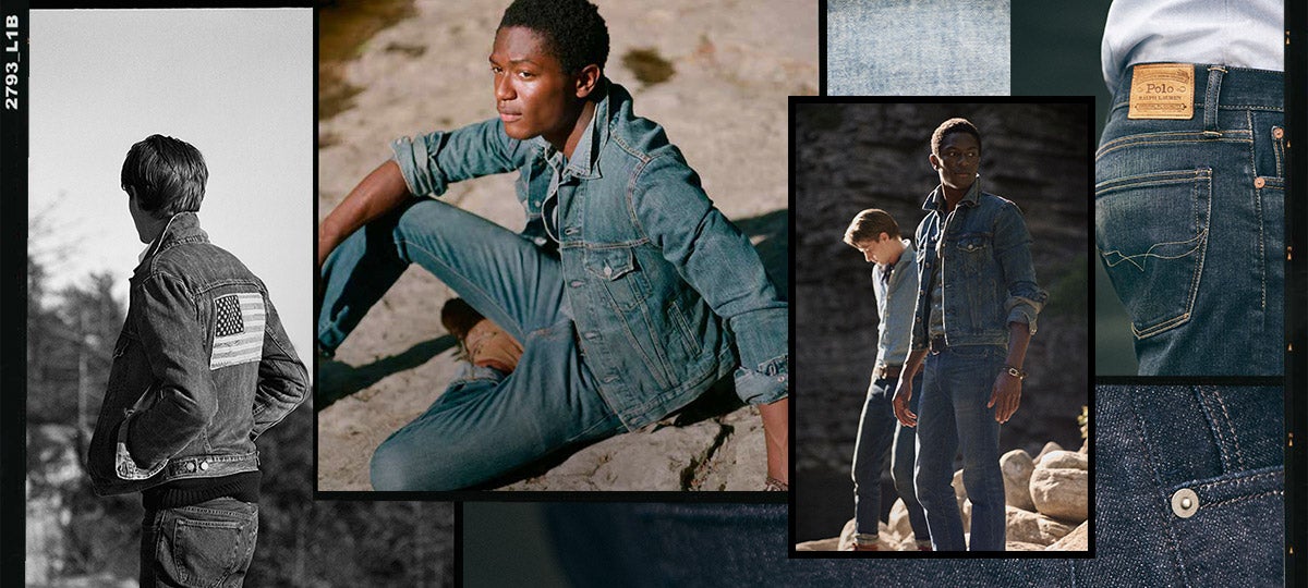 Collage of different Polo denim looks, from stenciled to American flag accented