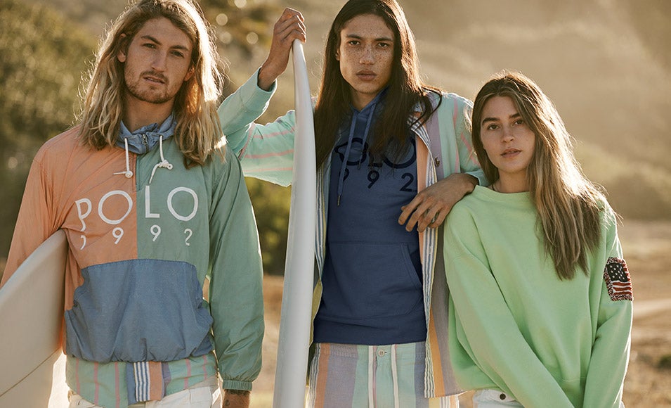 Models wear faded 90s-inspired Polo attire.