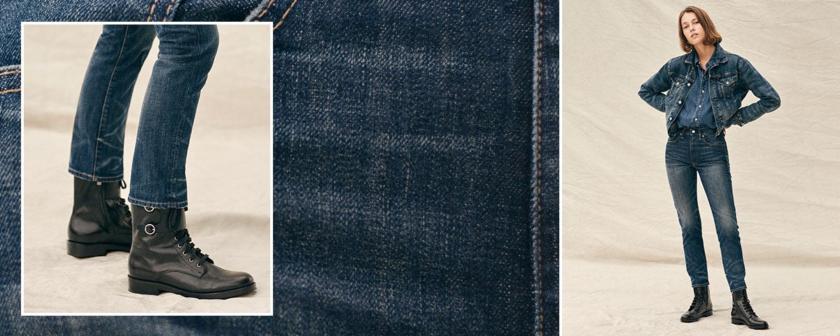 Close-up of Waverly Straight Crop jean; woman wears Polo denim.