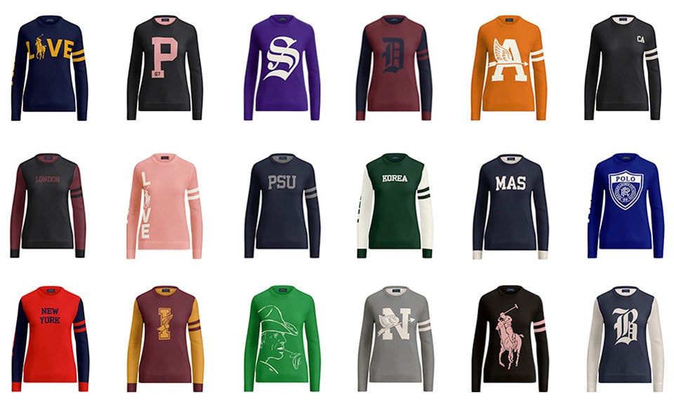 Grid of crewneck sweaters in various hues & with custom graphics