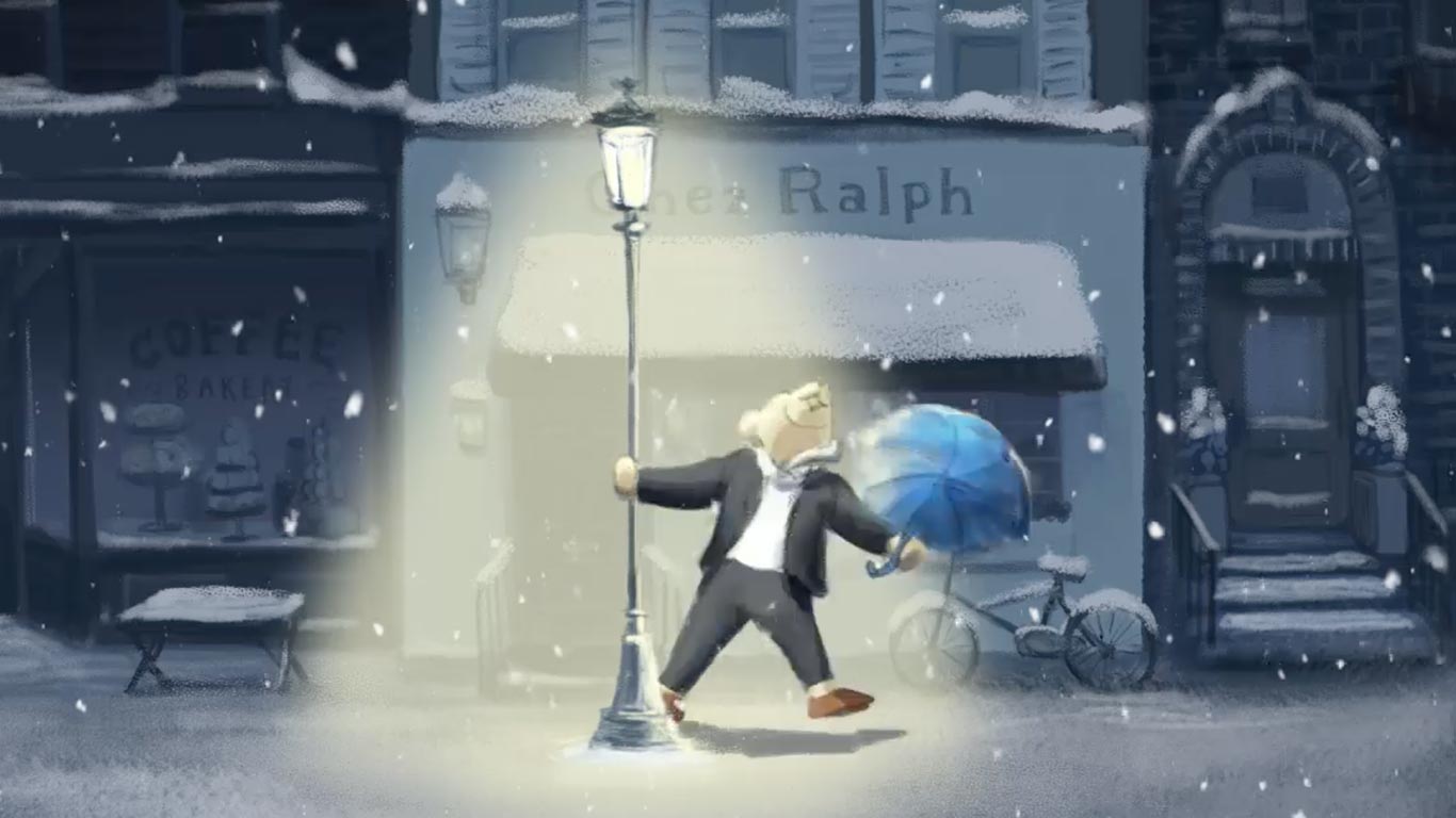 Animation of tuxedo-clad Polo Bear dancing in street with umbrella