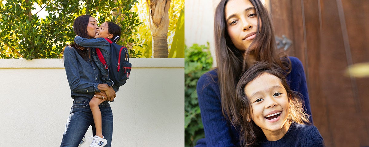 Mother and daughter pair wear coordinating outfits.
