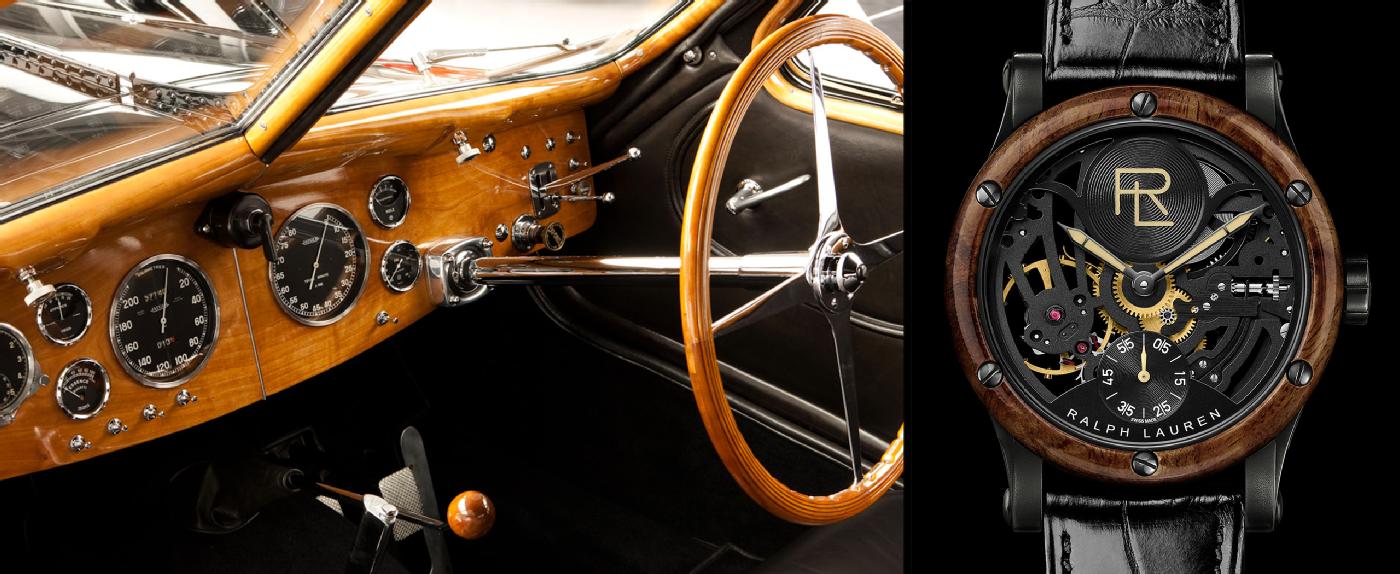 The burl wood bezel of the Automotive Skeleton watch is inspired by the steering wheel of the 57SC