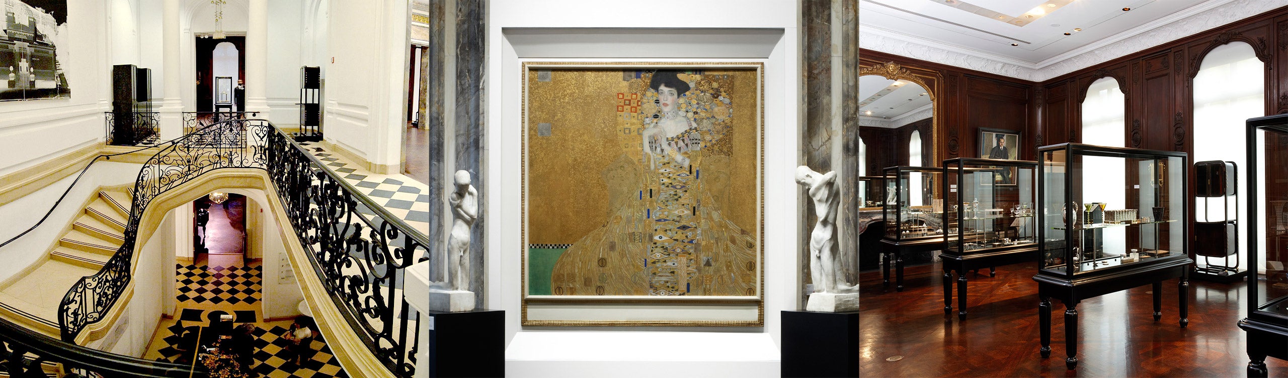 (Left to right) The curving interior staircase at the Neue Galerie, Gustav Klimt’s famous <em>Portrait of Adele Bloch-Bauer I</em>, and one of the museum’s many wood-paneled galleries