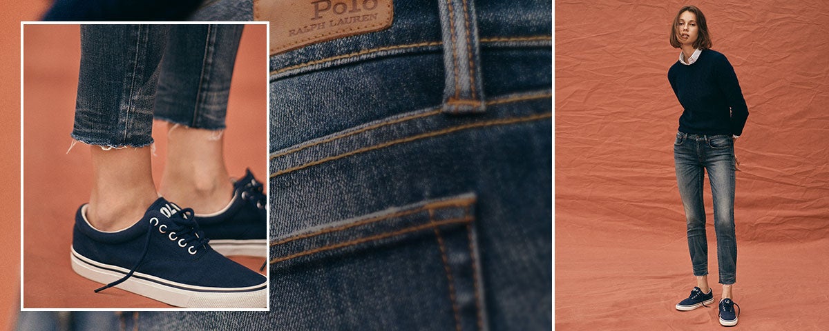 Close-up of Tompkins Skinny Crop jean; woman wears Polo denim.
