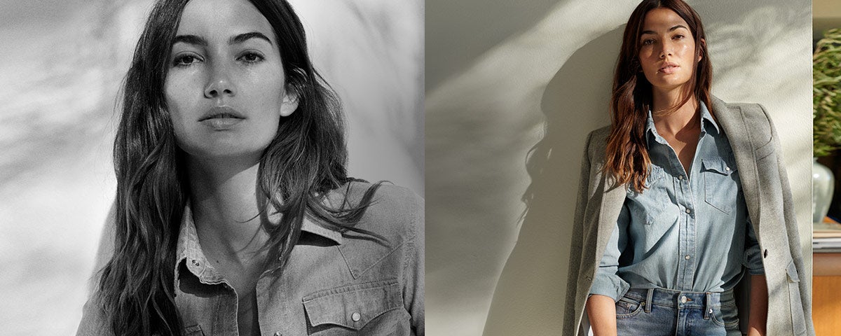 Woman in chambray shirt & woman in grey jacket draped over shoulders