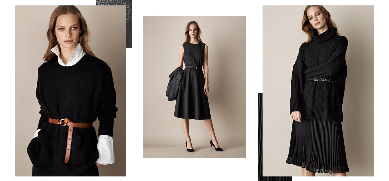 Woman in belted sweater; woman in belted dress; woman in pleated skirt