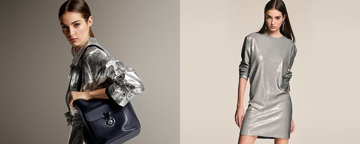 Model in long-sleeve metallic sheath dress & jacket