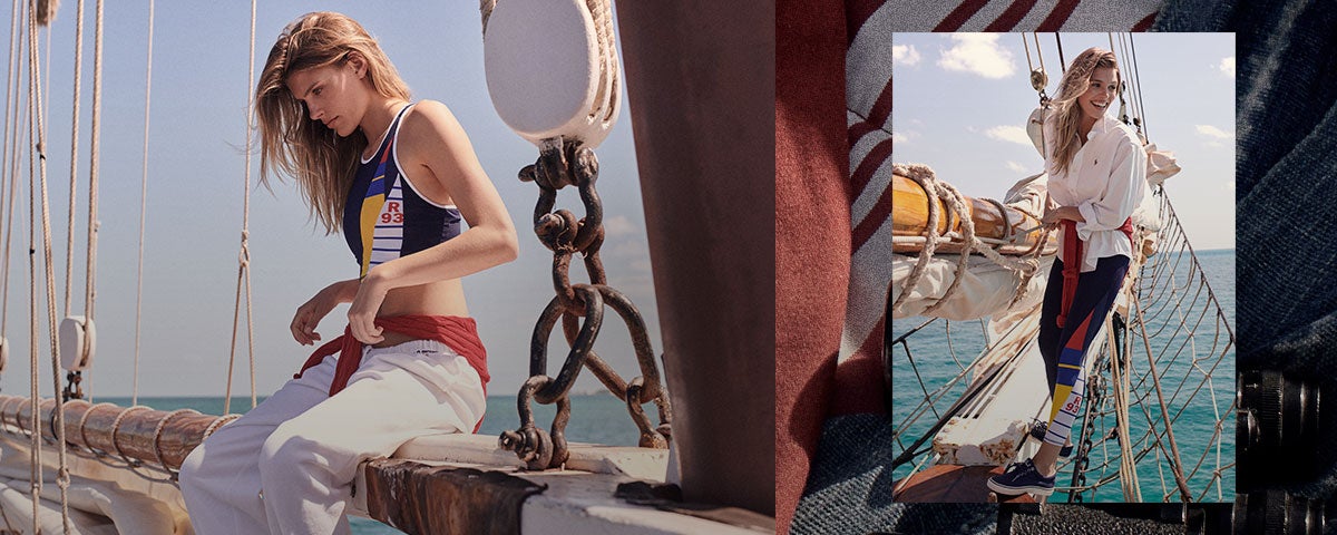 Woman in nautical-inspired, color-blocked crop top and leggings