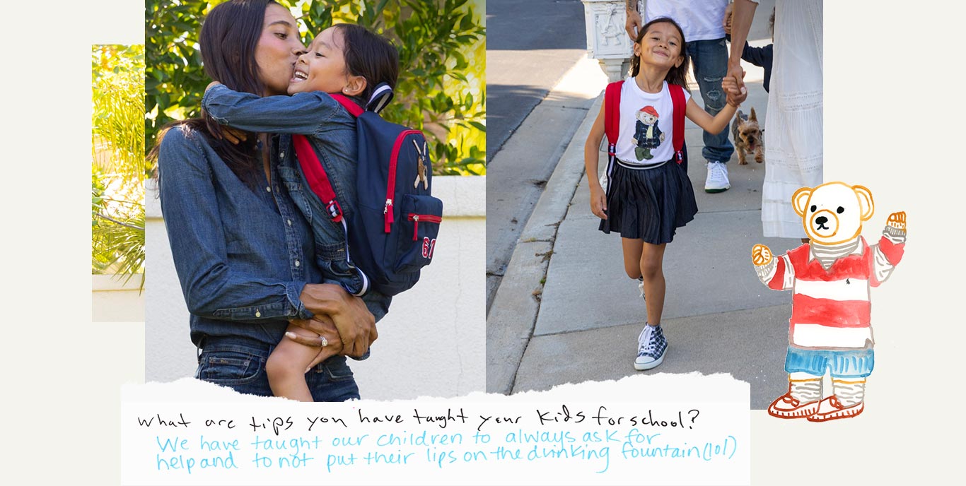 Mom and daughter wear denim outfits; girl wears Polo Bear tee and skirt while walking on sidewalk.