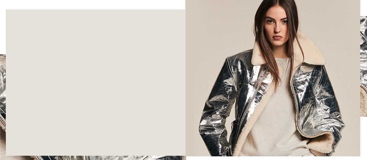 Model in aviator coat made from mirrored specchio leather & shearling