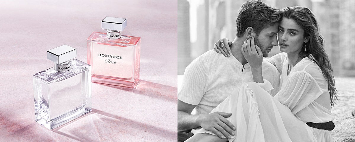 Bottles of Romance fragrance & photograph of Taylor Hill & boyfriend