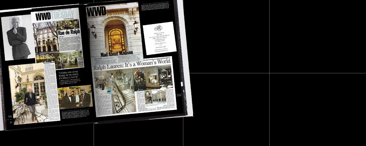 Photograph of interior spread of WWD’s book about Ralph Lauren