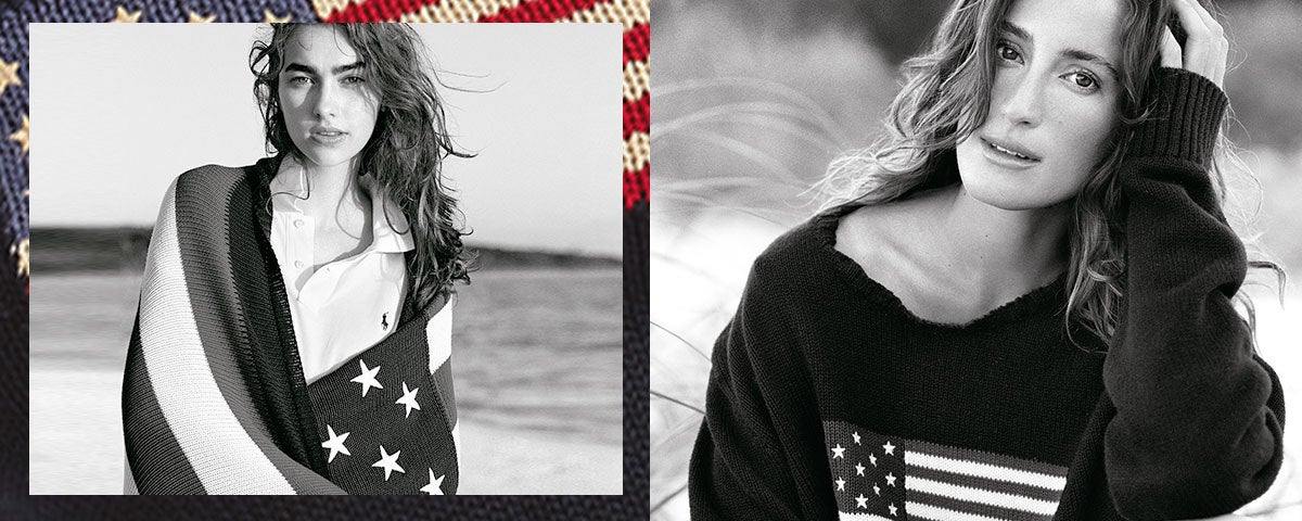 Model in American flag sweater & model wrapped in flag blanket