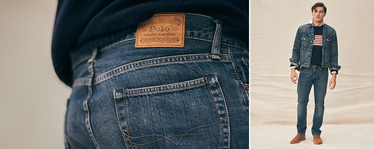 Close-up of Varick Slim Straight jean; man wears Polo denim.