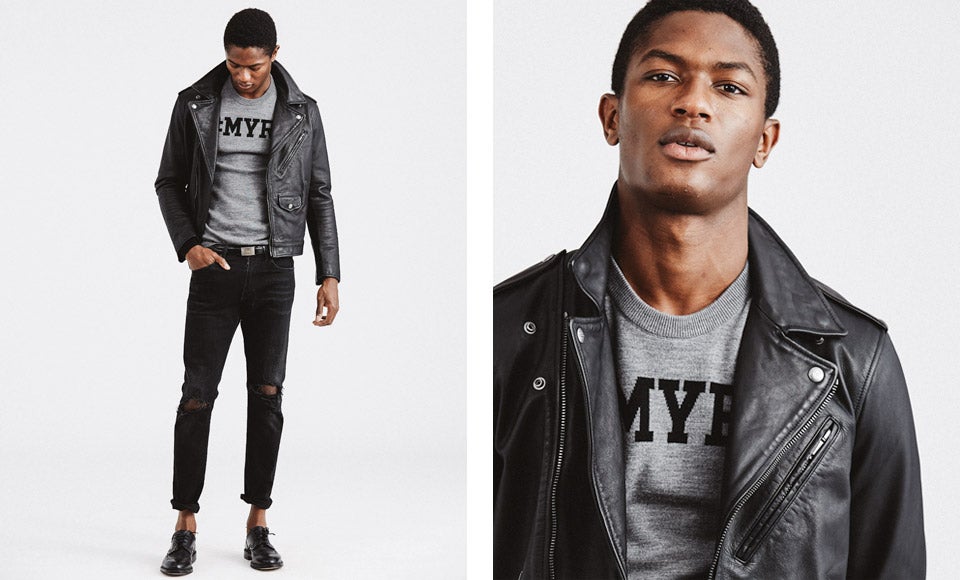 Man in leather jacket over grey custom sweater