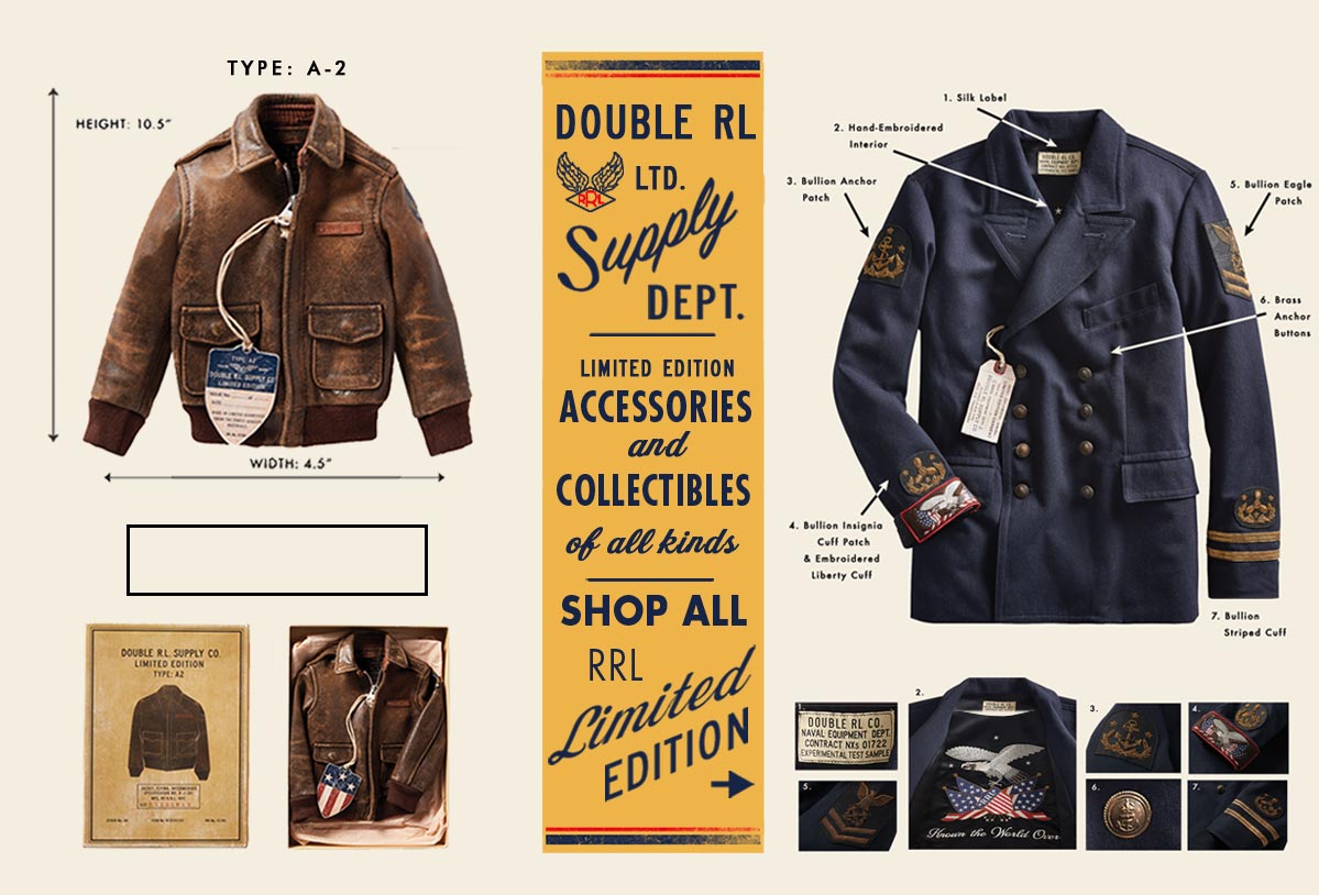 Leather bomber jacket & navy peacoat with military-inspired accents