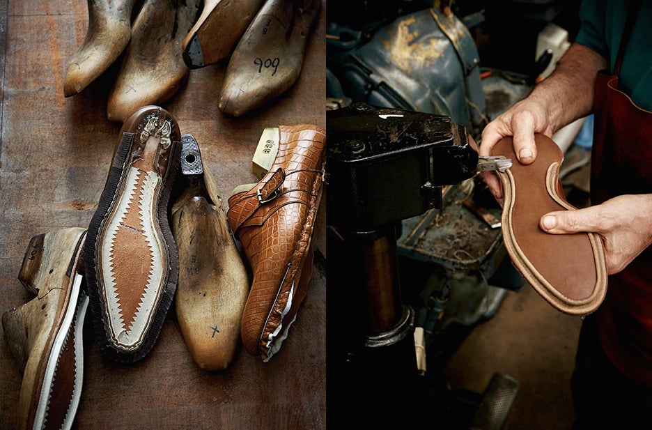 At left, shaped shoes. The two on the left have their welt attached and are ready to be stitched to the sole. At right, the Goodyear welting process at work. Peeling back a thin amount of the sole during this process ensures that the stitching is elegantly hidden—and protected from wear and tear.