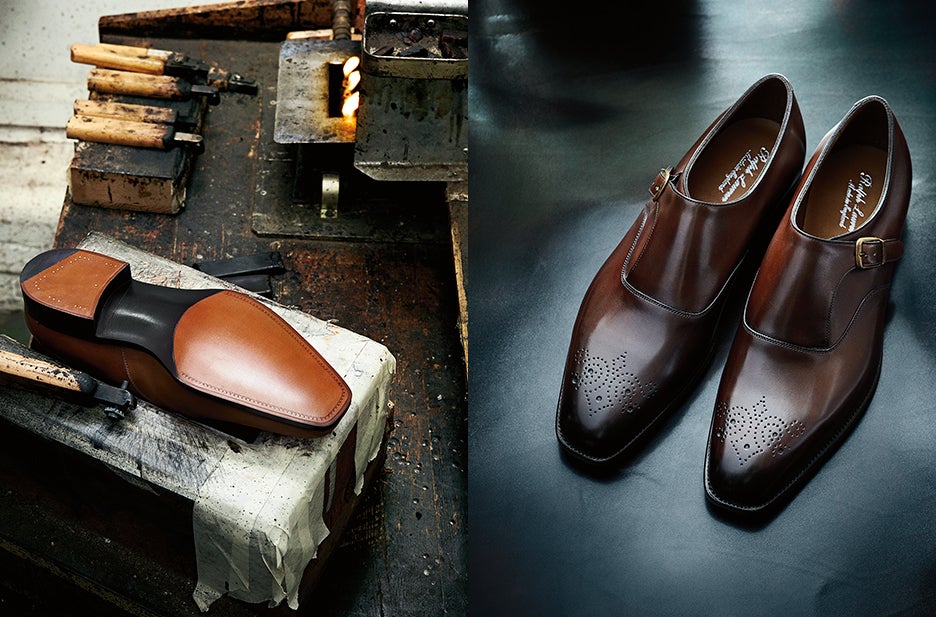 At left, each shoe is finished and burnished by hand after heating irons in a fire. The iron next to the shoe is used for a toe pattern that is exclusive to Ralph Lauren. At right, the final product—hand-finished to produce the deep, rich colors you see here.