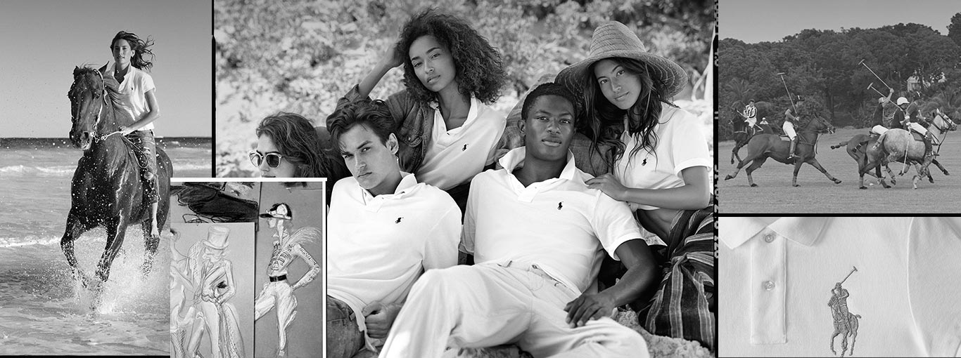 Collage of men and women in white Polo shirts & fashion sketches