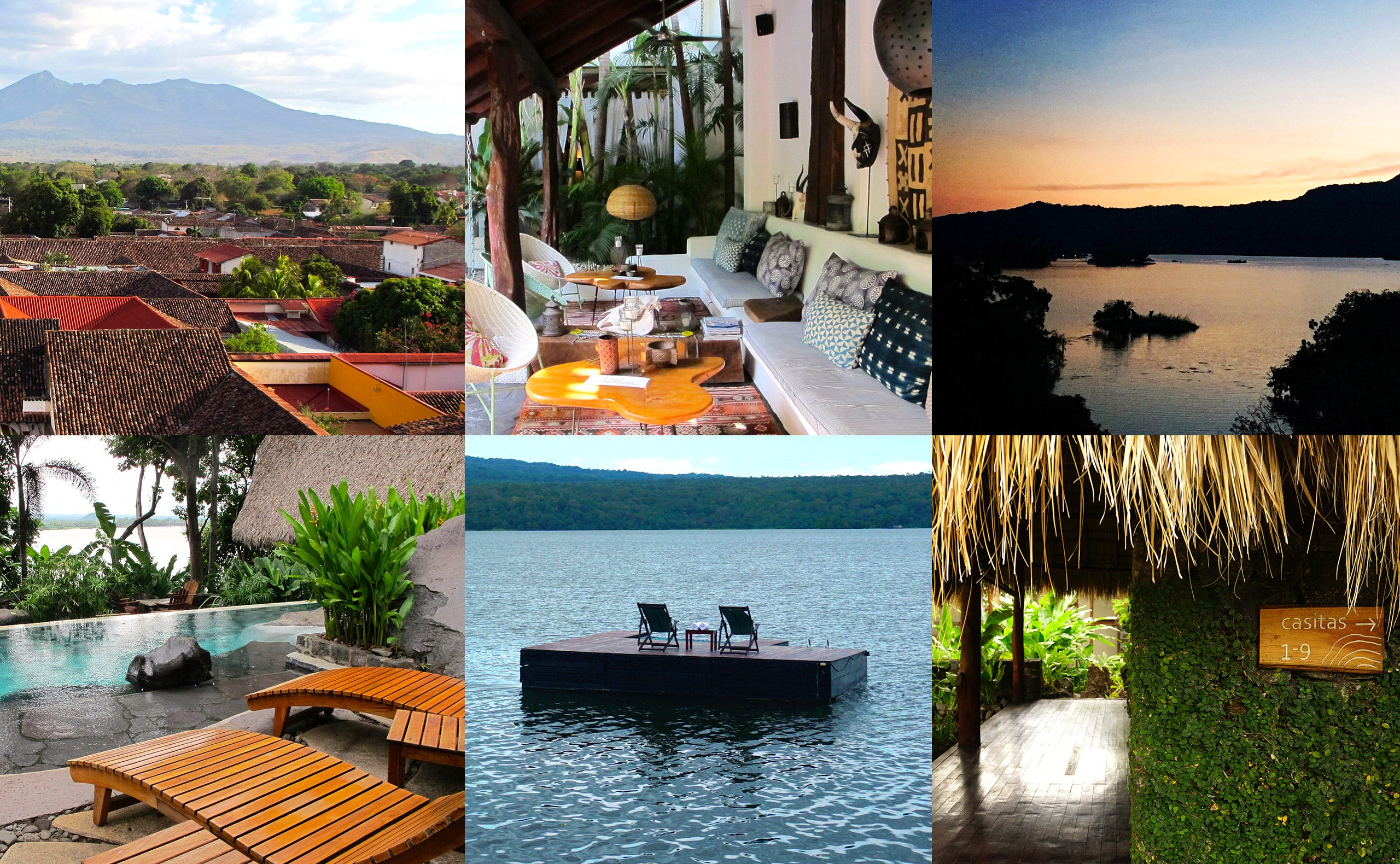 <em>(clockwise from top left)</em>: Dormant volcanoes hover over Granada’s tile roofs; the courtyard of Granada’s Tribal Hotel; Las Isletas in Lake Nicaragua; a sign for Jicaro Island Ecolodge’s casitas; a floating platform in Lake Nicaragua; swimming pool at Jicaro Island Ecolodge