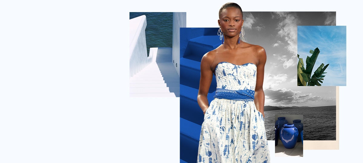 Model in blue-and-white strapless dress \u0026 oceanfront villa imagery. RALPH LAUREN COLLECTION