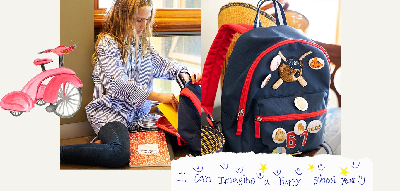 Girl in striped button-down and denim leggings packs backpack; backpack with patches at front.