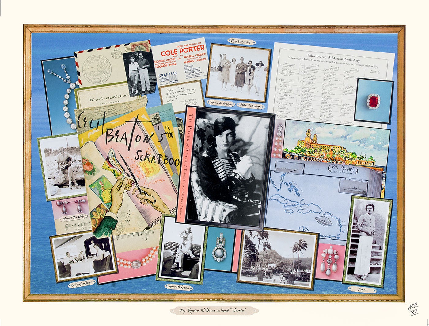 The collages of Jean-Charles de Ravenel combine old postcards, magazine covers, private photos, and more to create work that’s both rooted in the past and wholly new. Here, his piece <em>Mrs. Harrison Williams On Board “Warrior.”</em> Click through the slideshow for more.