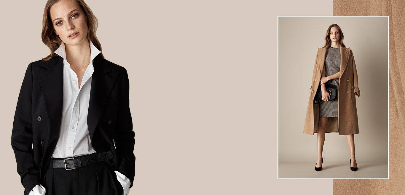 RALPH LAUREN. Woman in blazer \u0026 white button-down; woman in sheath dress