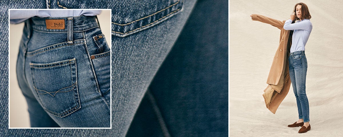 Close-up of Polo jeans; woman wears Polo denim, button-down shirt, and camel coat.