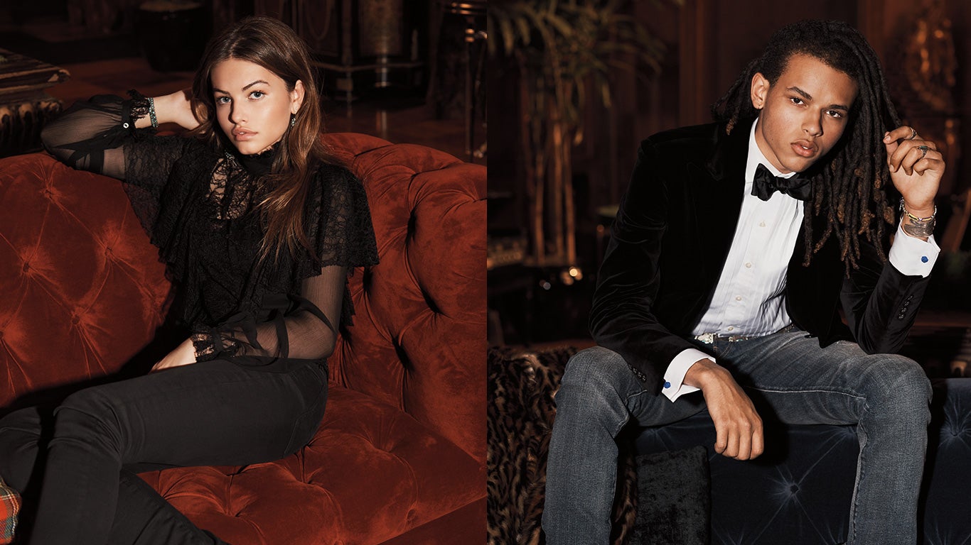 Man in velvet suit & woman in lace-trim chiffon top